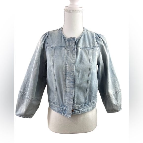 Ulla Johnson Light Wash Denim Cotton Jacket Collarless Puff Sleeve Boho Eclectic - Picture 3 of 9